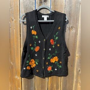Black Knit Vest with Pumpkin Embroidery